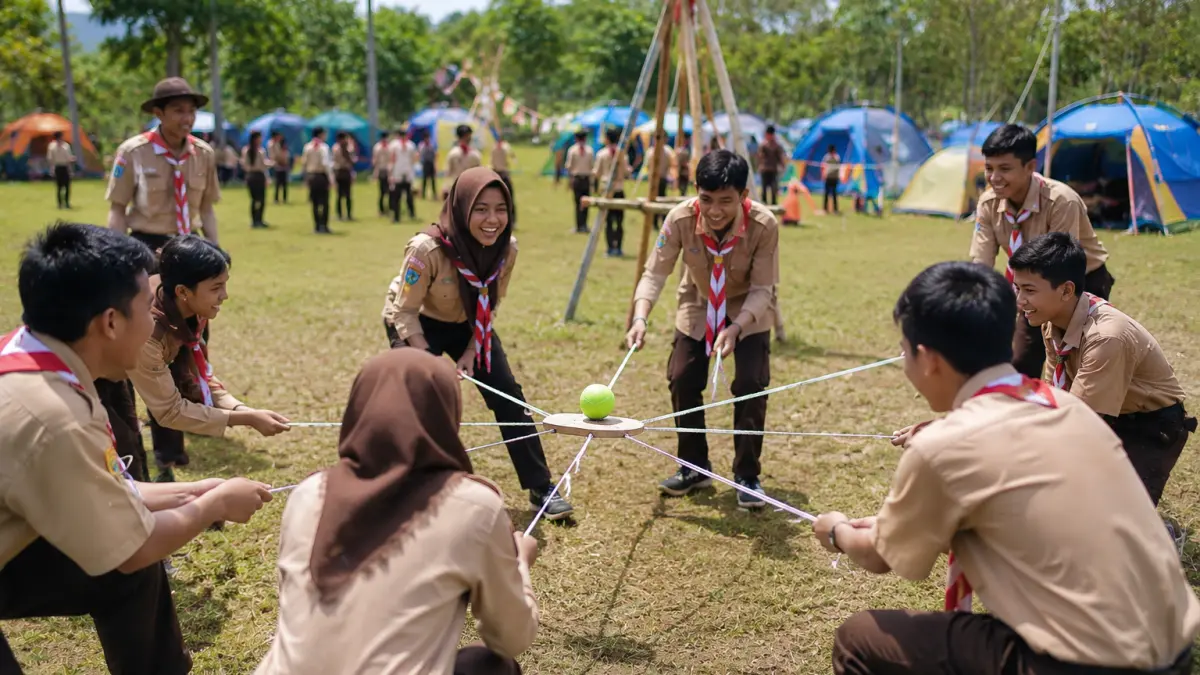  Ilustrasi Peserta Jambore Nasional XII 2026 mengikuti Permainan Persaudaraan untuk mempererat kebersamaan dan semangat persatuan.

