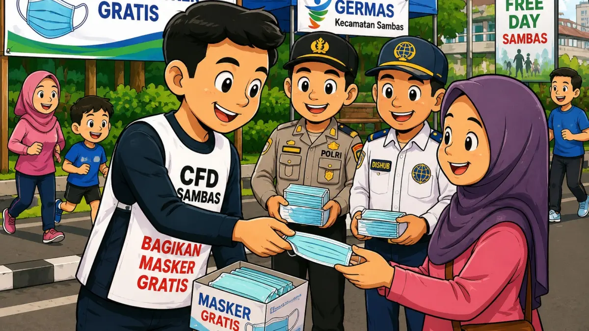 Ilustrasi pembagian masker gratis di CFD Sambas. (ILUSTRASI AI)
