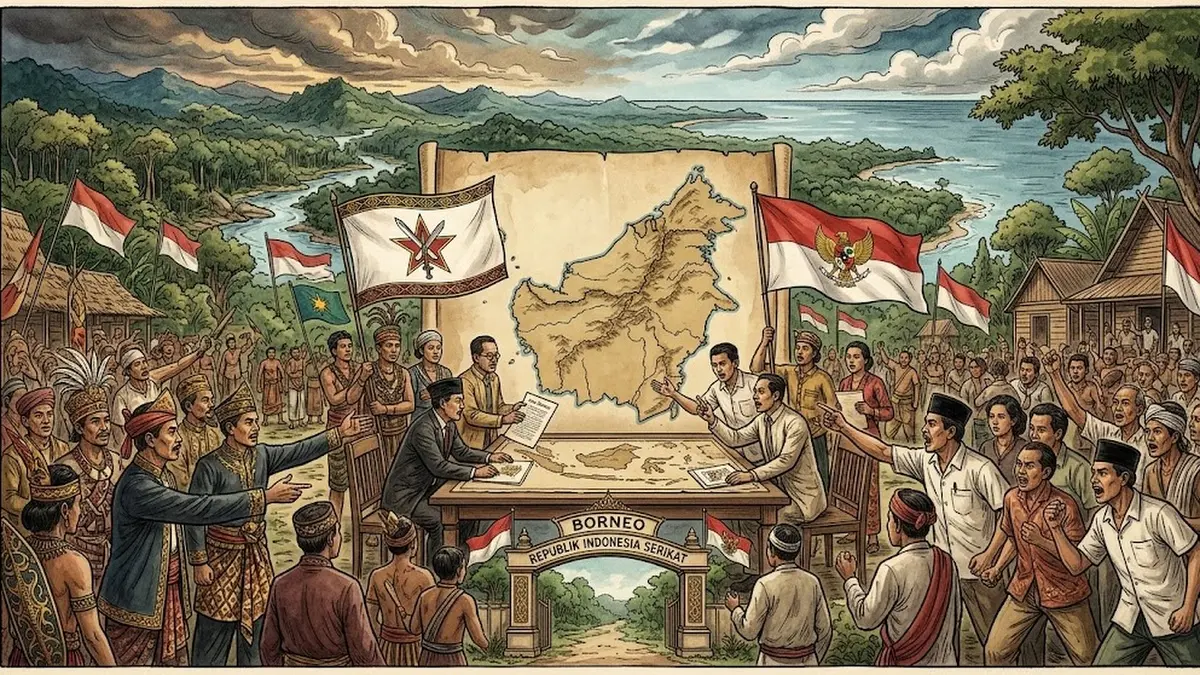 Ilustrasi dinamika politik Kalimantan dan gagasan pembentukan negara bagian Borneo pada masa menjelang Republik Indonesia Serikat.
