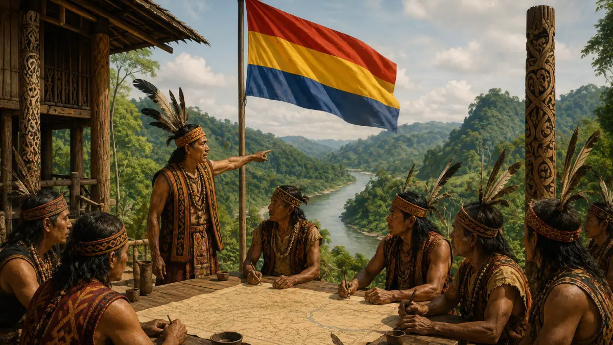 Ilustrasi masyarakat Dayak dan bendera Borneo Raya yang menggambarkan jejak sejarah Negara Dayak Besar di Kalimantan.