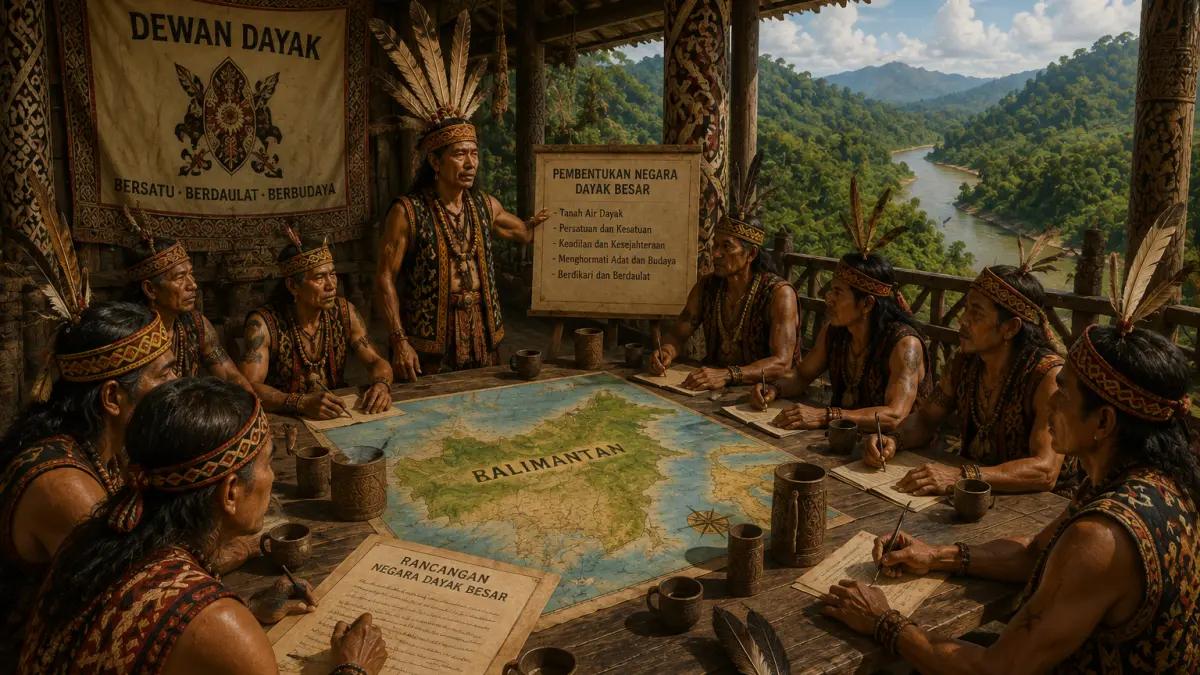 Ilustrasi persiapan mendirikan Negara Dayak Besar di Kalimantan dengan membentuk Dewan Dayak   