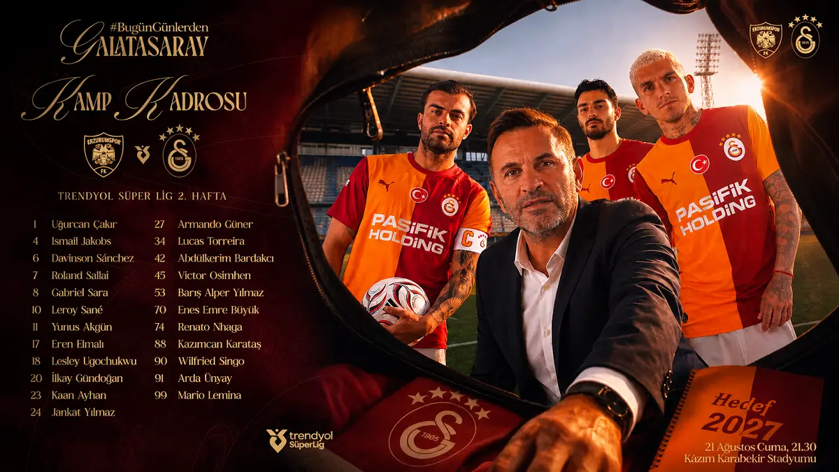 Galatasaray memburu kemenangan pertama di Turkish Super Lig 2026/27 saat bertandang ke markas BB Erzurumspor di Kazim Karabekir Stadium. (IG@galatasaray)