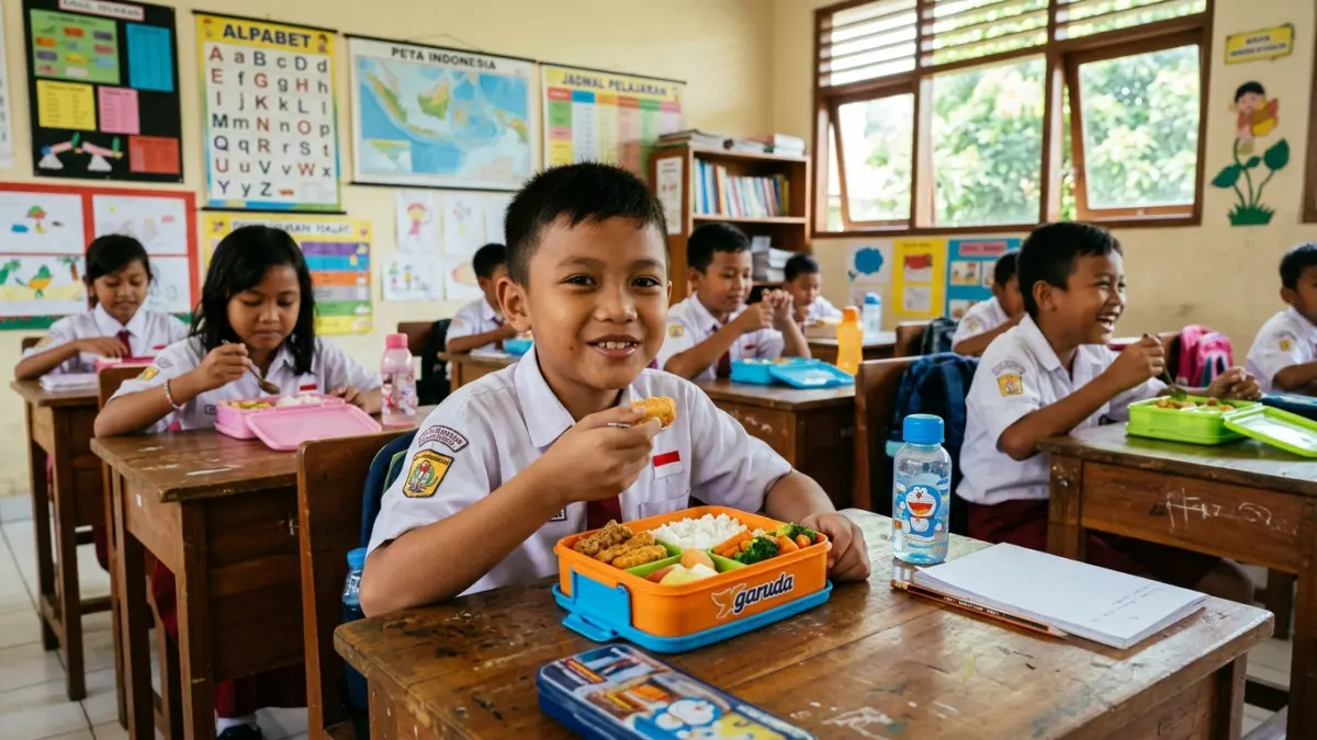 Ilustrasi anak memakan bekal di dalam kelas. (AI)