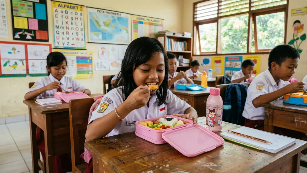 Ilustrasi anak memakan bekalnya di dalam kelas. (AI)