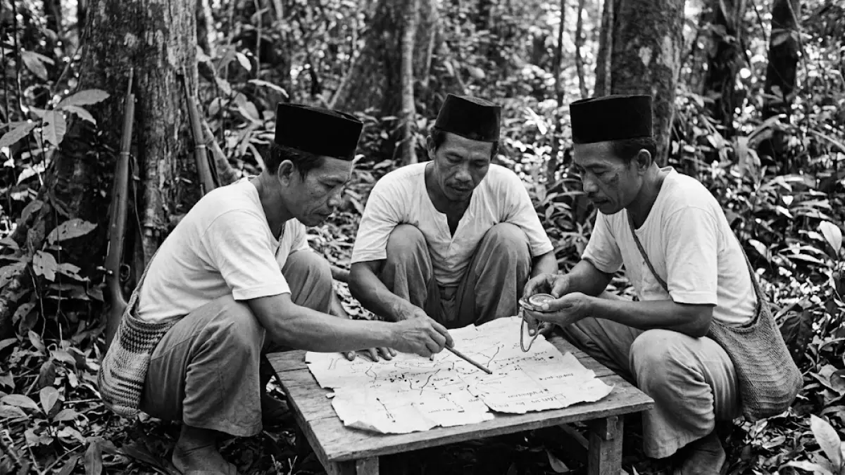 Ilustrasi pejuang gerilya Geram sedang merencanakan pergerakan pasukan dan rute perlawanan di atas peta sederhana