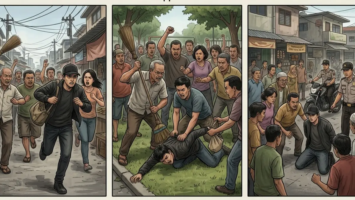 Ilustrasi pelaku kejahatan diamankan massa (AI)