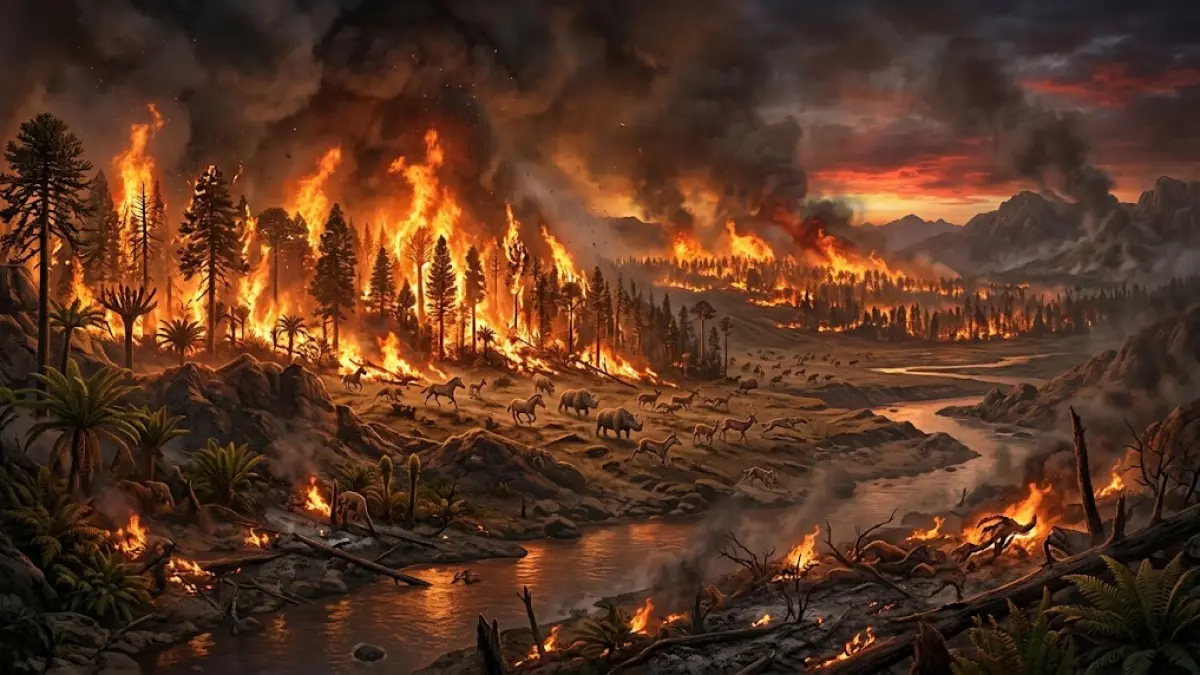 Ilustrasi rekonstruksi kebakaran hutan purba