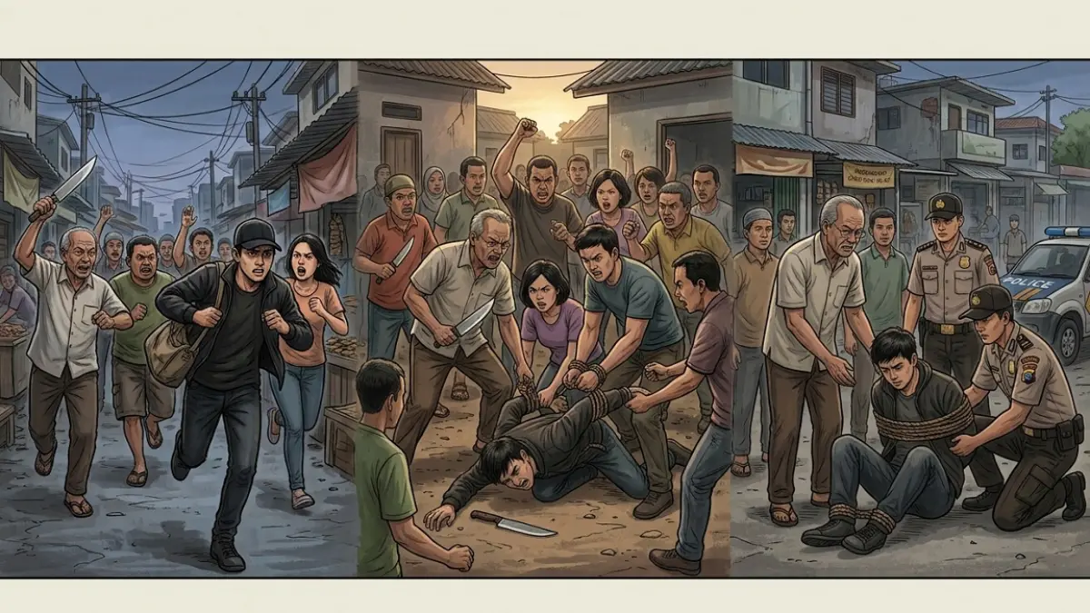 Ilustrasi warga menangkap pelaku kejahatan. (AI)