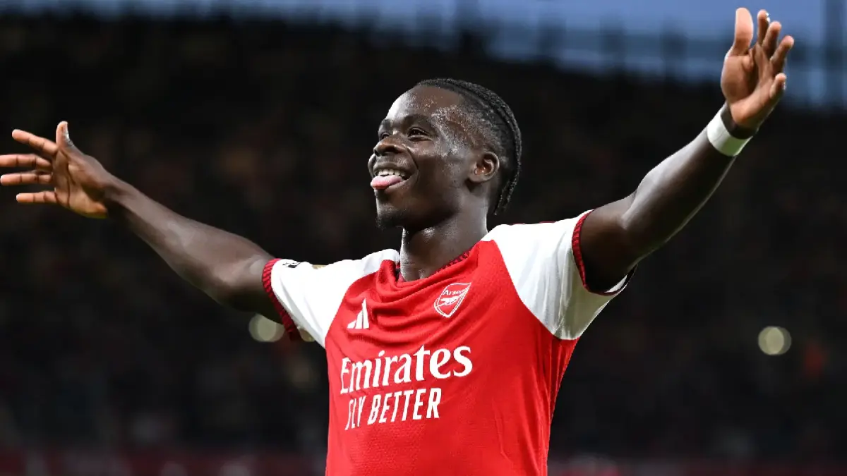 Bukayo Saka berselebrasi usai mencetak gol ke gawang Coventry City, Sabtu (22/8) dini hari WIB. (Dok.Arsenal)