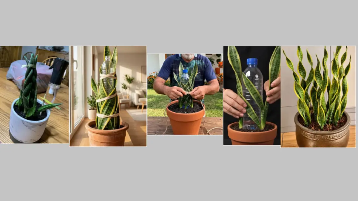 Snake plant dapat dibentuk menjadi spiral dengan bantuan botol plastik dan tali lembut tanpa memaksa daun menekuk tajam. (BALCONYGARDENWEB)