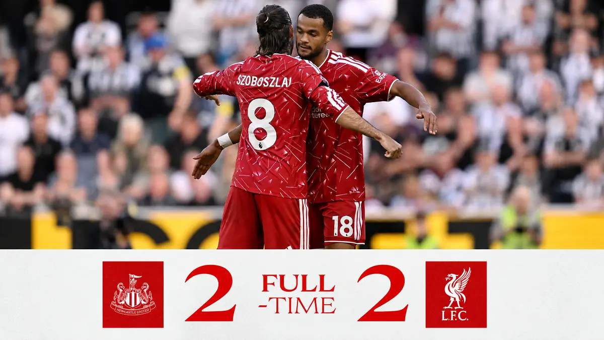 Dominik Szoboszlai dan Cody Gakpo berselebrasi usai mencetak gol. Liverpool bermain imbang 2-2 melawan Newcastle United. (IG@liverpoolfc)

