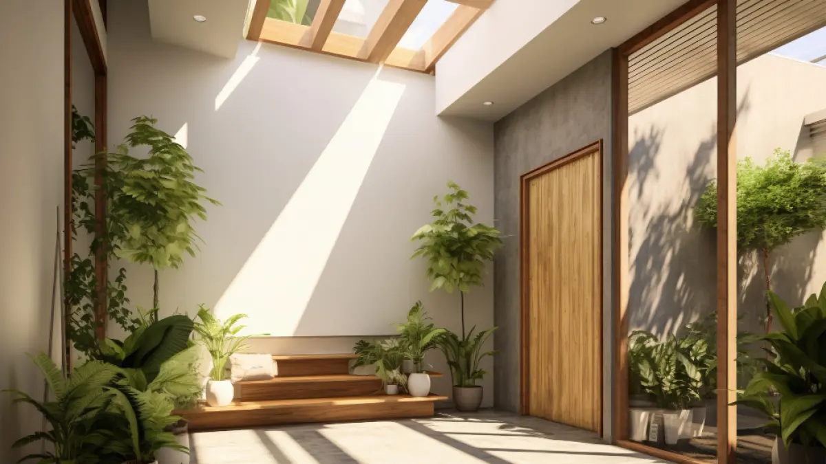 Ilustrasi sudut rumah yang nyaman dengan tanaman indah.
