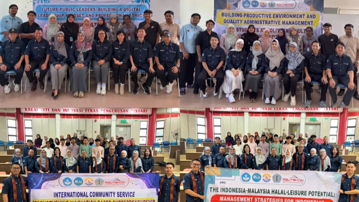 Kolase kegiatan dosen Jurusan Administrasi Bisnis Polnep saat melaksanakan PKM internasional, visiting lectures, dan seminar penelitian di Politeknik Sultan Salahuddin Abdul Aziz Shah, Shah Alam, Selangor, Malaysia, 7 Agustus 2026.