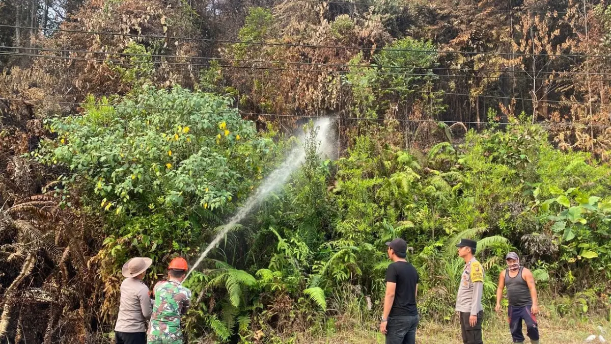 PENDINGINAN: Petugas menyiram titik panas di kaki Bukit Matok, Kecamatan Belimbing, Melawi, untuk mencegah bara kembali memicu kebakaran. Penyiraman dilakukan bersama TNI, perusahaan, dan warga, Sabtu (22/8).
