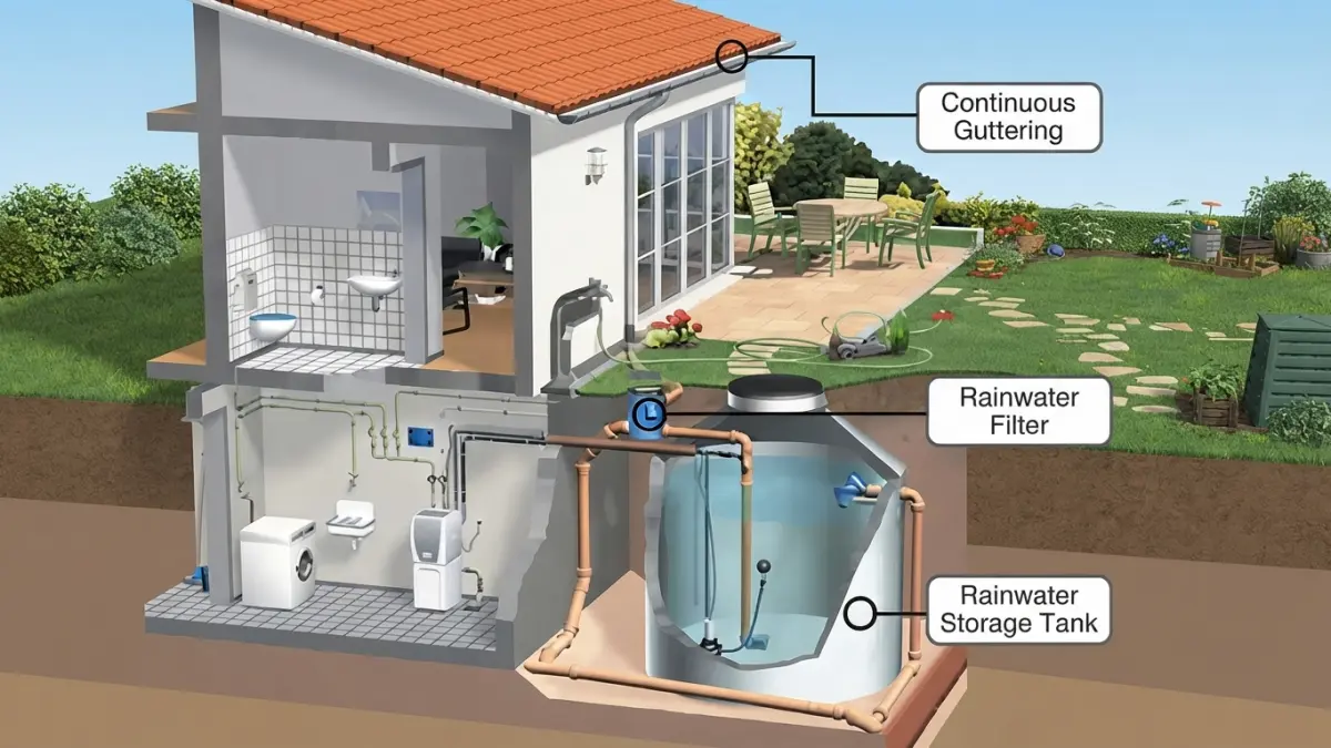 Ilustrasi cara kerja teknologi rainwater harvesting atau pemanenan air hujan sebagai alternatif sumber air bersih bagi masyarakat.