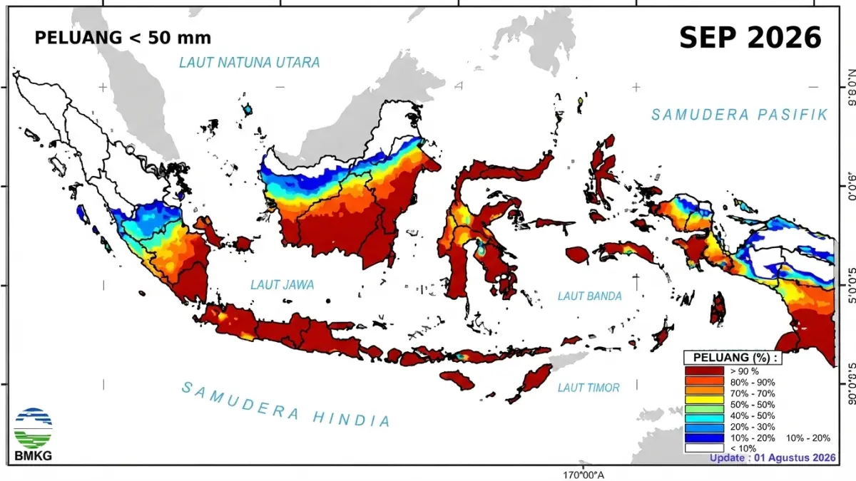 Peta BMKG menunjukkan peluang curah hujan rendah pada September 2026 di sejumlah wilayah, termasuk bagian selatan Kalimantan Barat, yang berpotensi meningkatkan risiko karhutla. (BMKG)