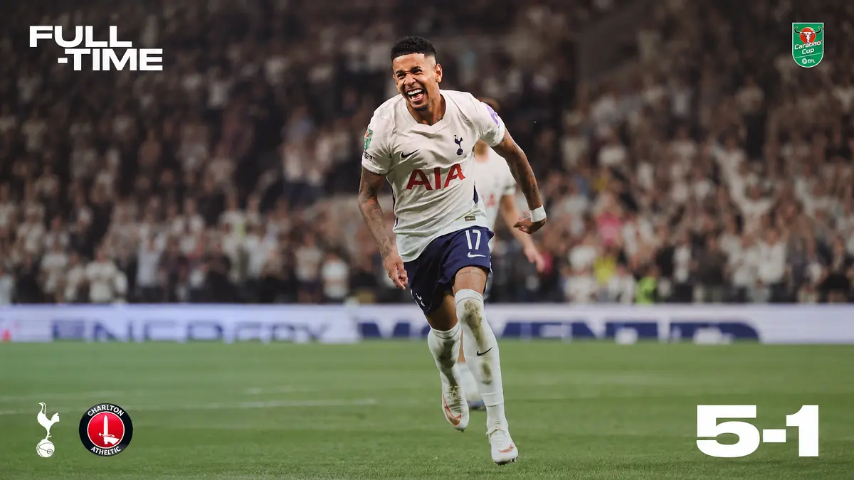 Savio merayakan debutnya bersama Tottenham dengan mencetak gol dalam kemenangan 5-1 atas Charlton Athletic di Carabao Cup. (IG@spursofficial)