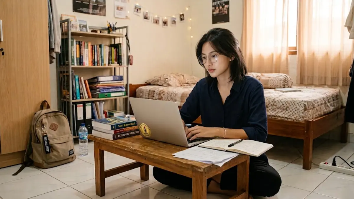 Ilustrasi mahasiswi belajar menggunakan laptop di kamar kos yang nyaman dan tenang. Memilih kost di Pontianak dengan lingkungan yang mendukung dapat membantu mahasiswa lebih fokus belajar.
