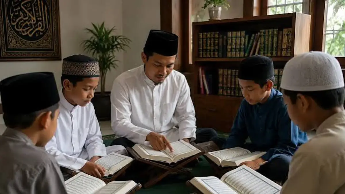 Ilustrasi seorang guru membaca Alquran bersama anka didiknya sebagai salah satu amalan yang dapat dilakukan secara rutin dan kontinu