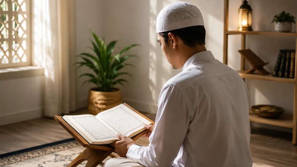 Ilustrasi seorang muslim mengatur waktu membaca Alquran sebagai bagian dari kebiasaan ibadah sehari-hari.