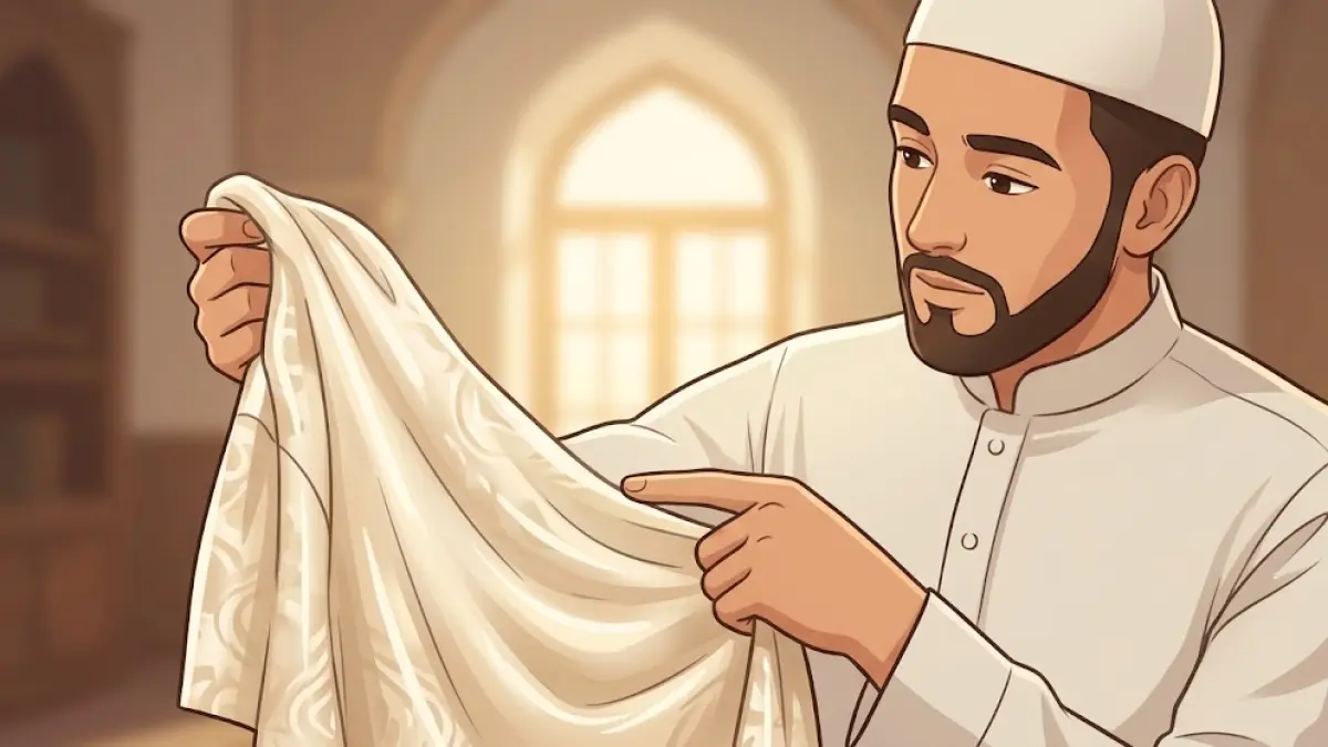 Seorang pria Muslim memperlihatkan kain berbahan sutra yang menurut fikih diharamkan untuk dikenakan oleh kaum laki-laki.

