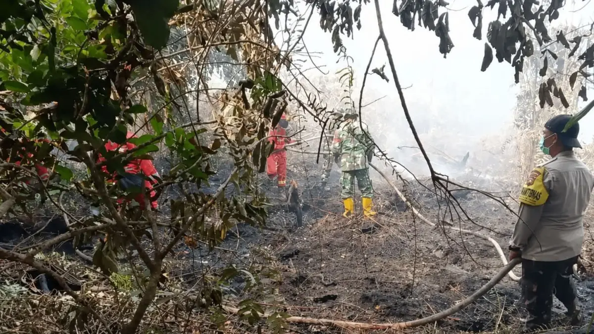 Upaya pemadaman dan pendinginan kebakaran lahan di Jalan Senen, Kelurahan Sungai Rasau, Kecamatan Singkawang Utara.