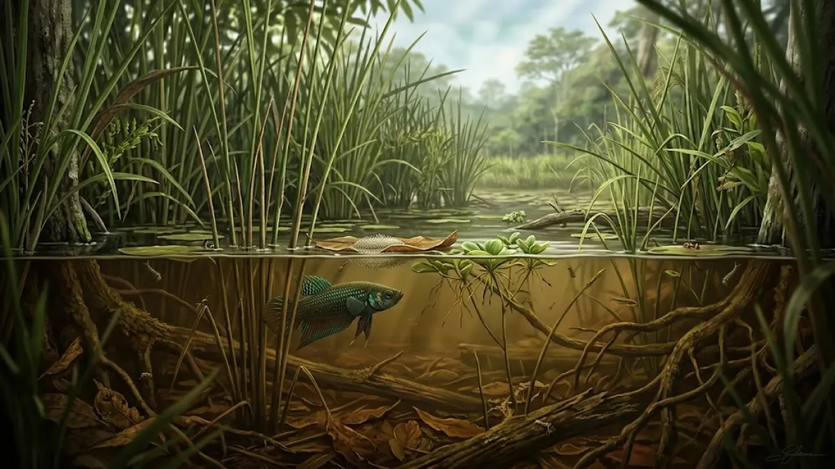 Ilustrasi ikan cupang alam (wild betta) di habitatnya.