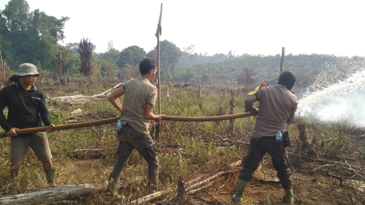 Petugas Polsek Meliau memeriksa lokasi hotspot berstatus High dan memastikan sisa api berhasil dipadamkan hingga kondisi dinyatakan aman. (28/08/26) (ISTIMEWA)&nbsp;
