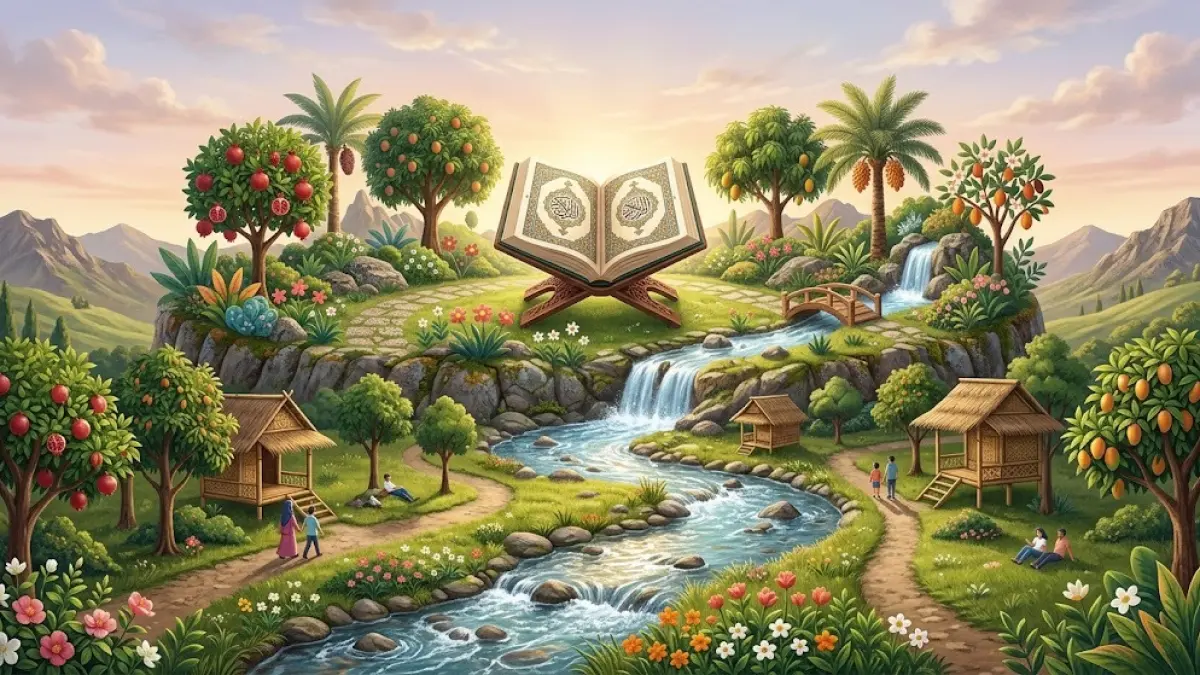 Ilustrasi surga dengan sungai yang mengalir sebagai gambaran kenikmatan yang disebutkan dalam Alquran.