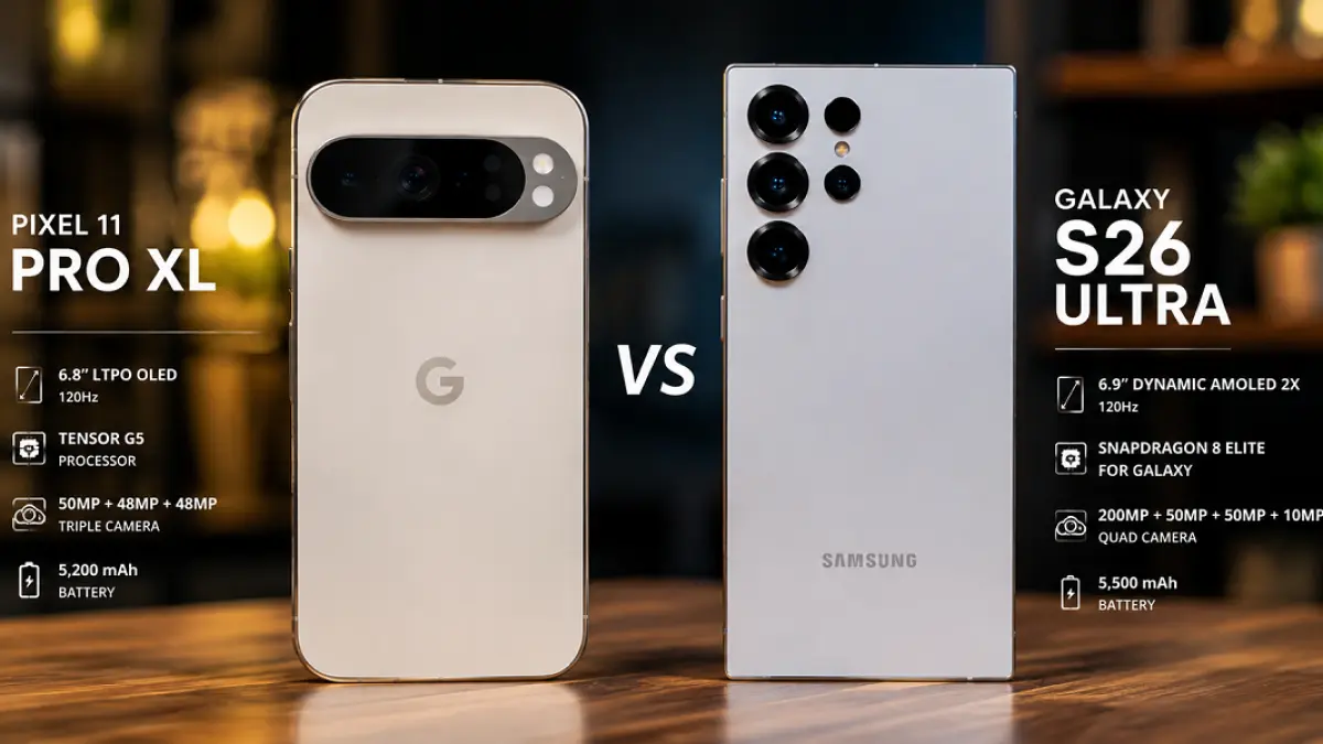 Google Pixel 11 Pro XL dan Samsung Galaxy S26 Ultra diprediksi menjadi dua rival utama di kelas smartphone Android flagship 2026. (Ilustrasi)