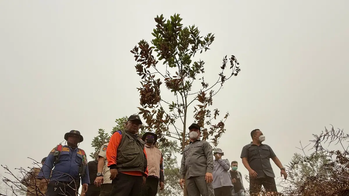 Gubernur Kalbar Ria Norsan melihat proses pemadaman api pada lahan yang terbakar. (Meidy/Pontianak Post) 