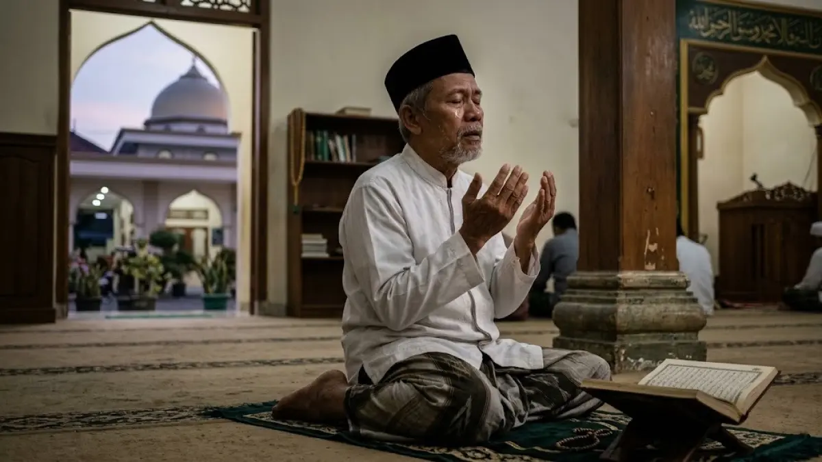 Ilustrasi seorang Muslim berdoa memohon perlindungan Allah dari siksa kubur dan azab neraka.