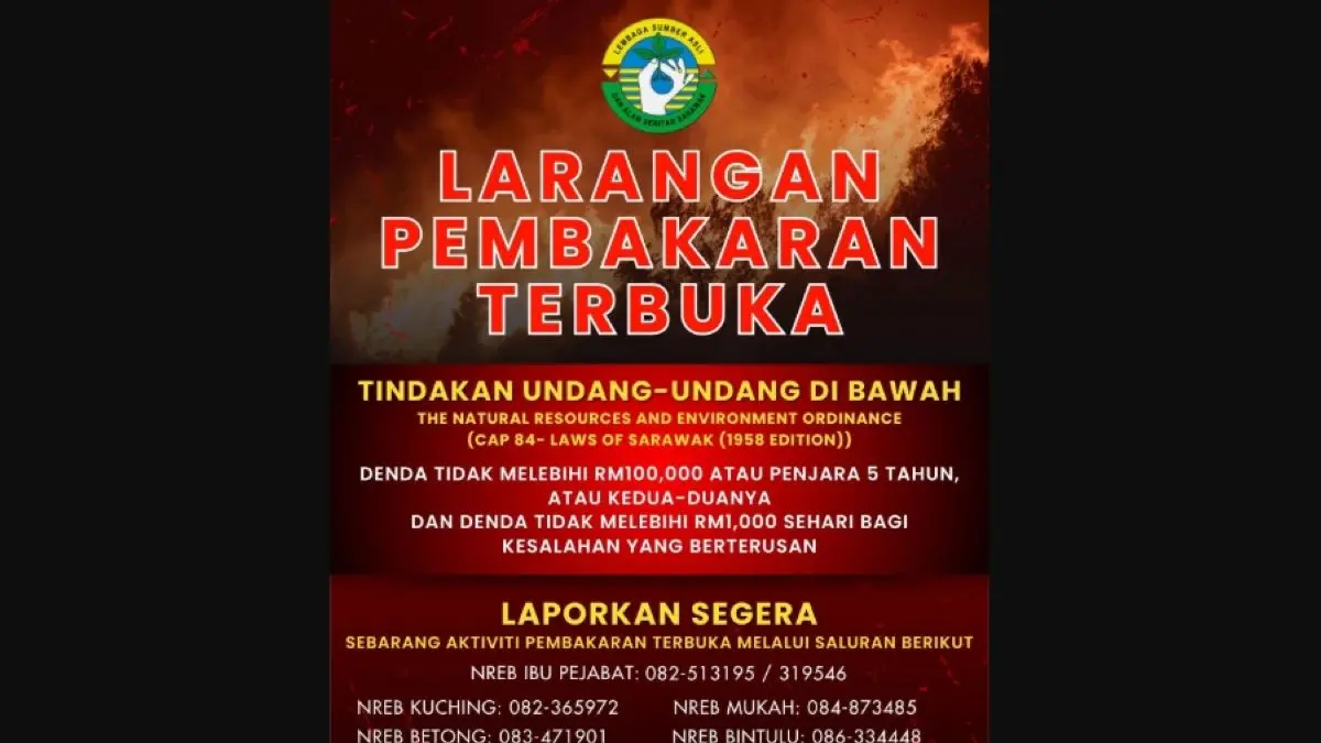 Pengumuman soal larangan pembakaran terbuka oleh NREB Sarawak. (IST)