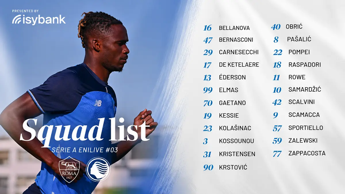 Skuad list Atalanta saat menghadapi AS Roma pada giornata ketiga Serie A 2026/27 di Stadio Olimpico, Sabtu (5/9/2026).