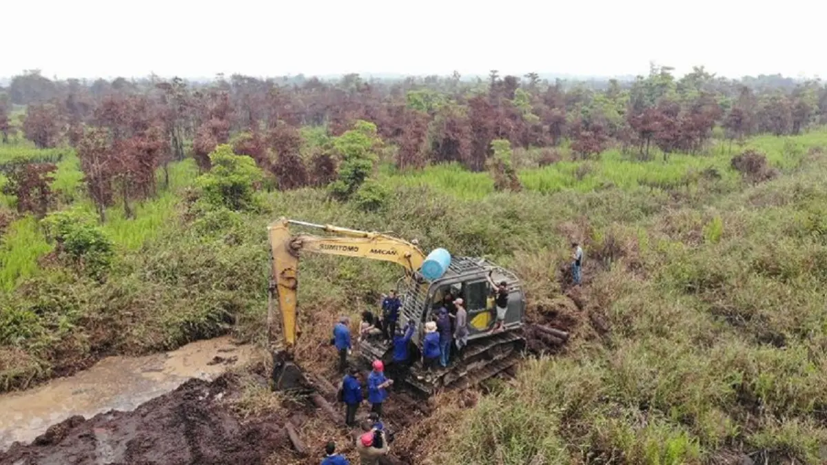 Satu ekskavator dan dua pelaku perambahan hutan tanpa izin yang diamankan di kawasan Hutan Produksi Konversi di Desa Sungai Awan Kiri, Kabupaten Ketapang, Kalimantan Barat, Jumat (4/9). (Kemenhut) 