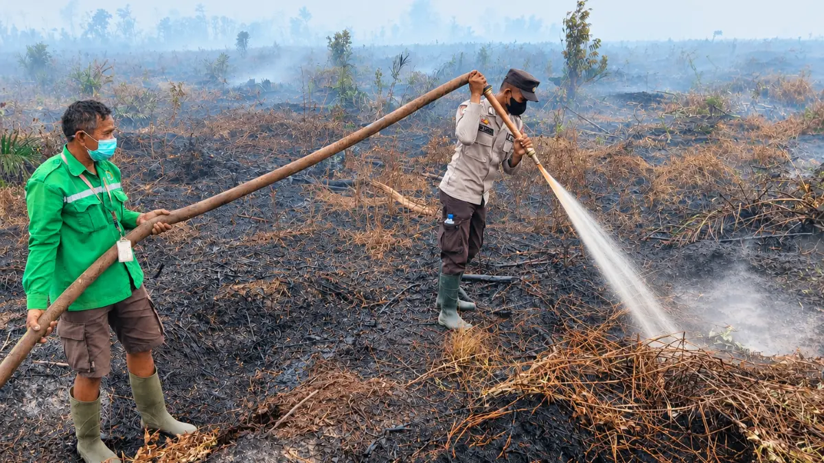 Tim gabungan terus melakukan pendinginan di area bekas karhutla di lahan sengketa antara PT SJP dan PT ICHIKO, Desa Terentang Hulu, Kecamatan Terentang, Kabupaten Kubu Raya, Rabu (9/9). (Humas Polri)