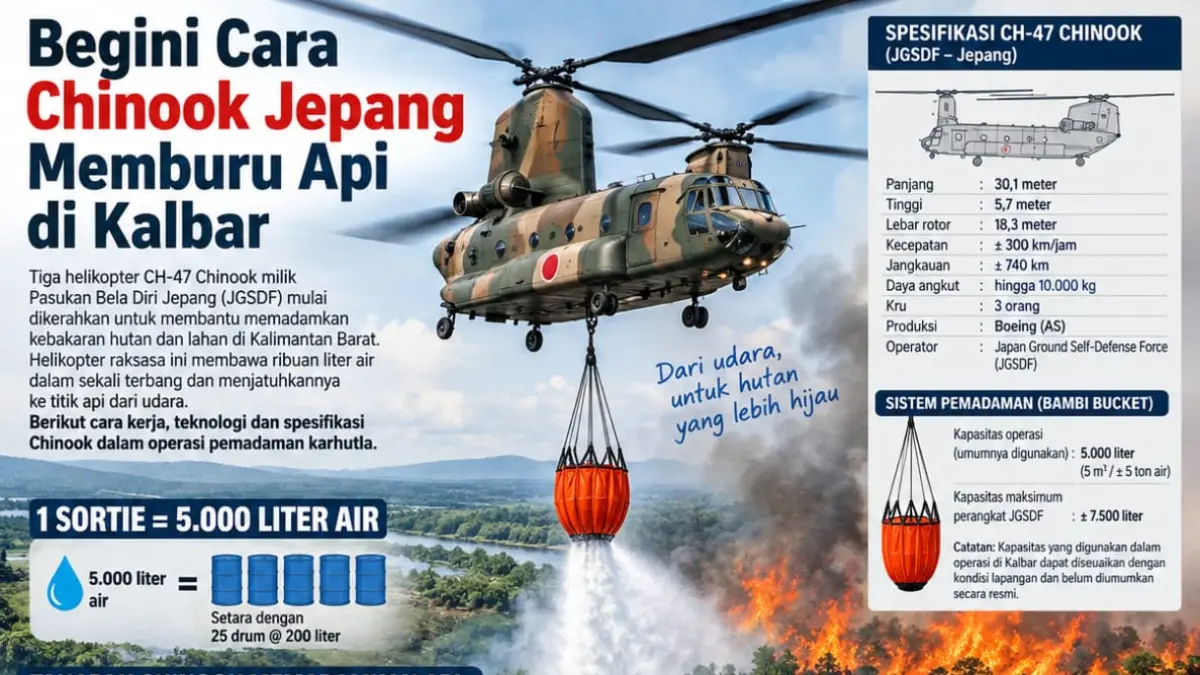 Cara kerja pemadaman api dengan menggunakan helikopter bantuan Jepang. 