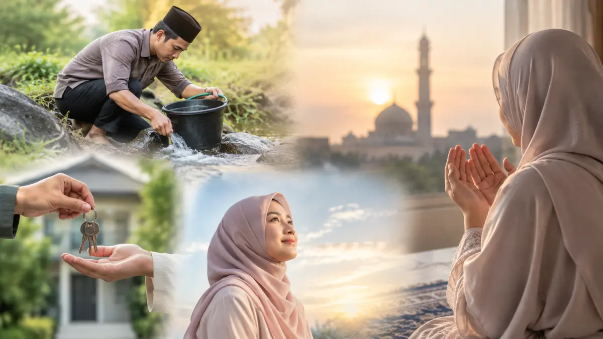 Ilustrasi seorang Muslimah berdoa dan menyerahkan hasil ikhtiarnya kepada Allah dengan penuh tawakal.