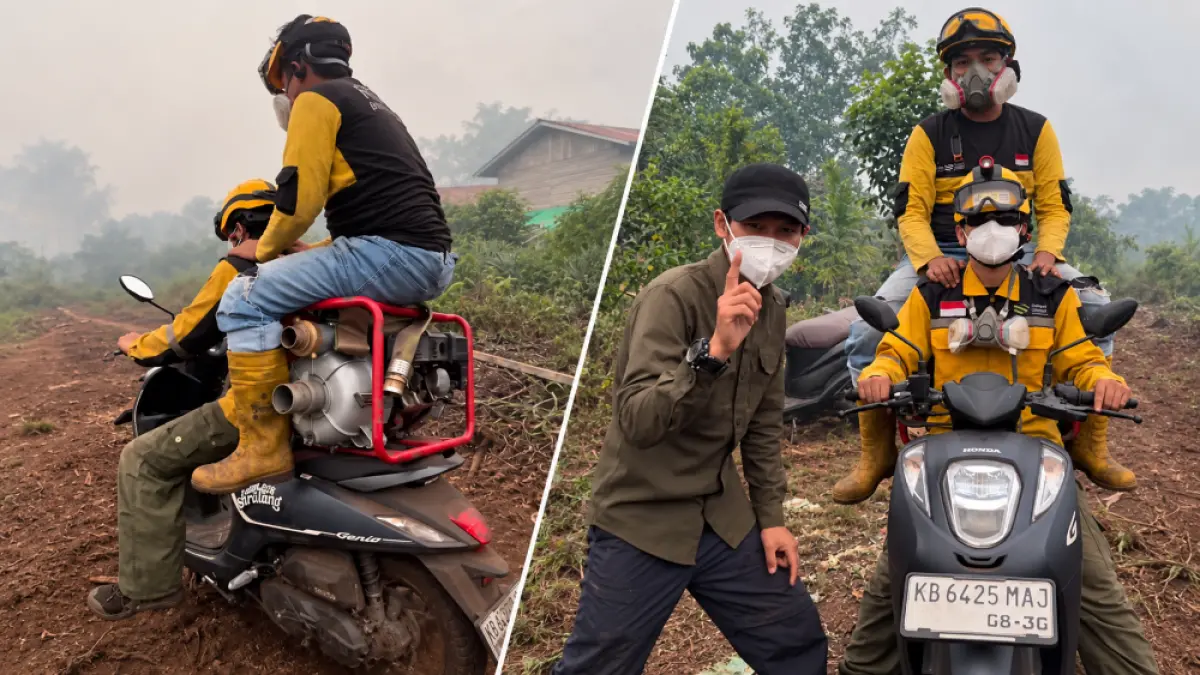 Dua relawan membawa mesin pompa berukuran besar menggunakan Honda Genio menuju lokasi karhutla di Kalimantan. Aksi sosial itu memperlihatkan perjuangan relawan menembus jalur tanah di tengah keterbatasan armada pemadam. FOTO: TANGKAPAN LAYAR INSTAGRAM DOMPET UMMAT