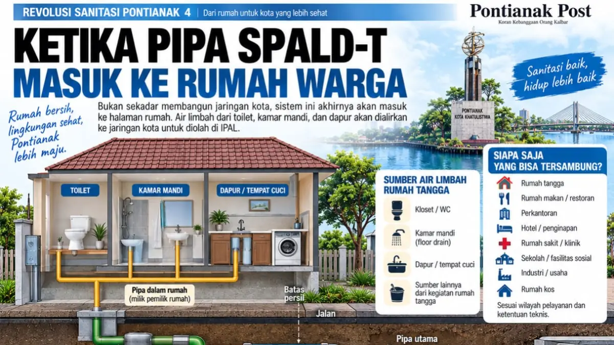 Ilustrasi proses pembuangan limbah rumah tangga dalam Sistem Pengelolaan Air Limbah Domestik Terpusat (SPALD-T) Kota Pontianak.