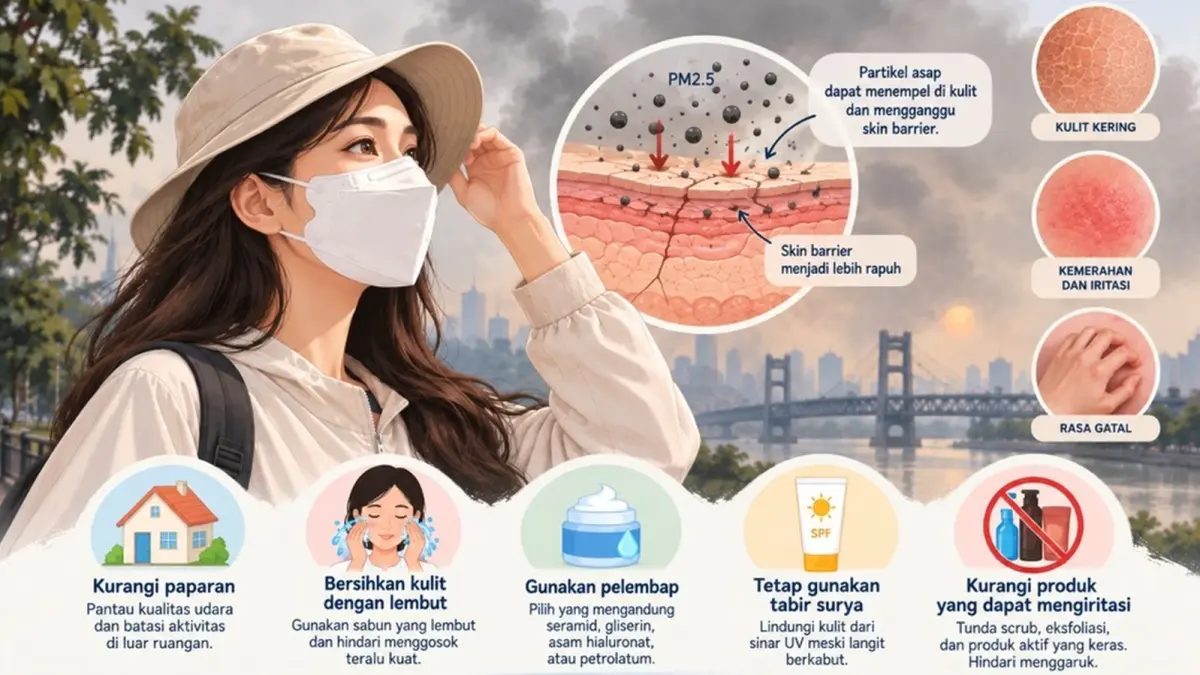 Ilustrasi cara menjaga skin barrier di tengah paparan kabut asap karhutla. (ILUSTRASI AI).