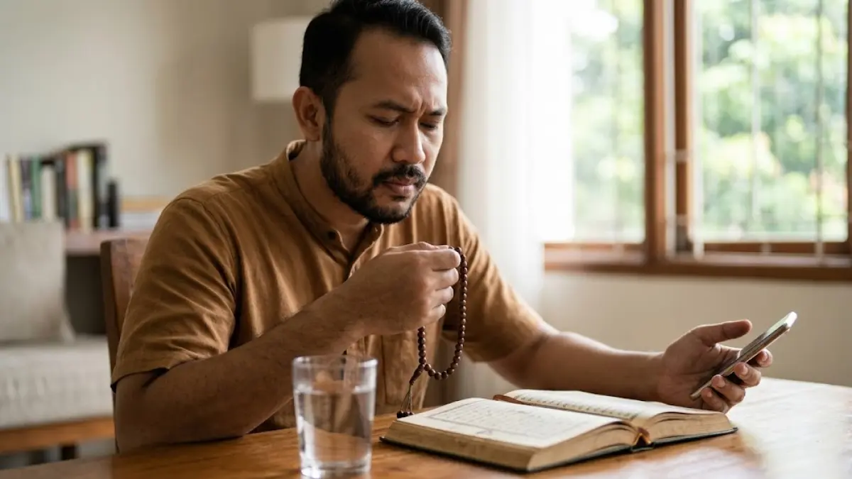 Ilustrasi seseorang menahan pikiran buruk dengan segera mengingat Allah, beristighfar, dan meninggalkan perbuatan yang tidak diridai.