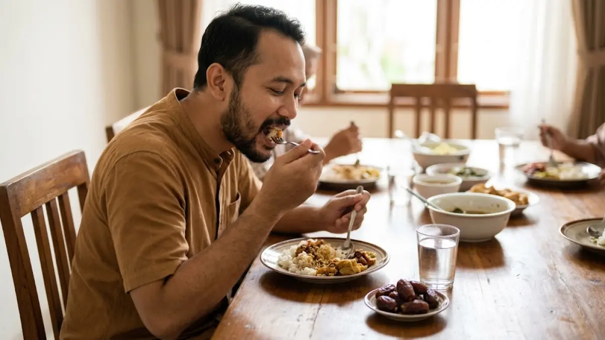 Ilustrasi seseorang menikmati makanan tanpa minum bersamaan dan menyiapkan air putih serta kurma.