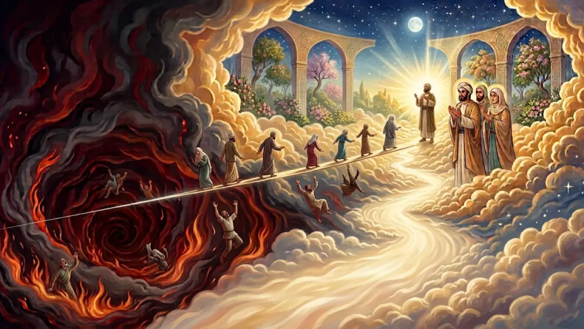 Ilustrasi shirath berupa jembatan yang terbentang di atas Neraka Jahannam menuju Surga pada hari Kiamat.