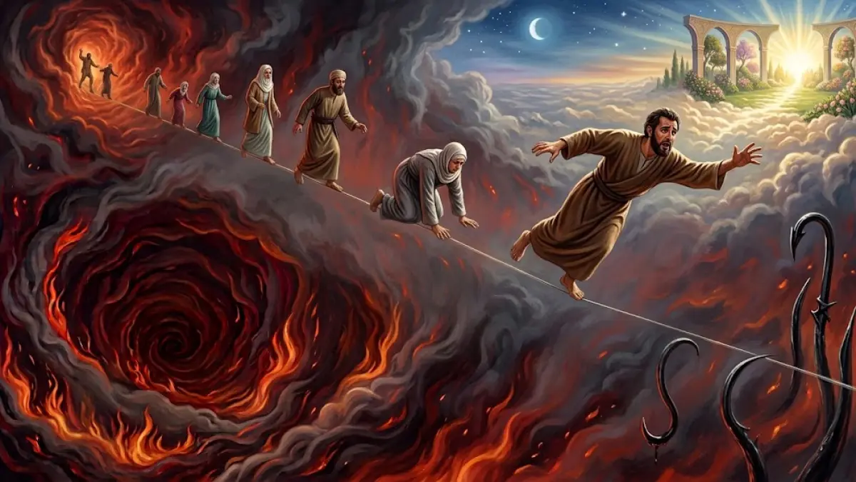 Ilustrasi Shirath yang digambarkan lebioh halus dari rambut,  licin, tajam di atas Neraka Jahannam.