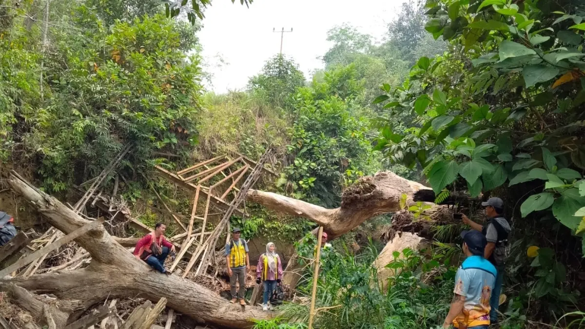 Kondisi jembatan Desa Mensiau Kecamatan Batang Lupar yang roboh dan sudah ditinjau oleh Kementerian PUPR. (ISTIMEWA)
