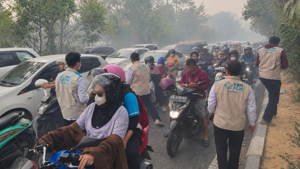 Peduli Kesehatan Pengendara: Relawan YBM PLN membagikan masker secara langsung kepada para pengendara motor yang melintas di tengah pekatnya kabut asap di Pontianak. Pembagian ini menjadi langkah cepat dan sederhana untuk melindungi warga yang harus tetap bermobilitas di luar rumah dari bahaya gangguan pernapasan.