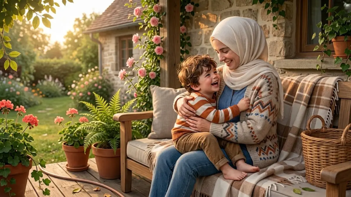 Ilustrasi seorang ibu menyayangi anaknya dengan penuh kasih sambil mengajarkan pentingnya ketulusan dalam hubungan orang tua dan anak.