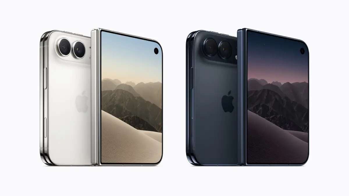 iPhone Duo tersedia dalam dua warna elegan (putih star white dan biru night sky) dan terbuat dari titanium grade 5 yang dipoles hingga mendapatkan hasil akhir yang seperti cermin. (APPLE)