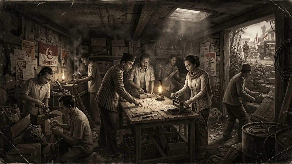 Ilustrasi aktivitas bawah tanah dan perlawanan terhadap kekuasaan kolonial menjelang pendudukan Jepang.